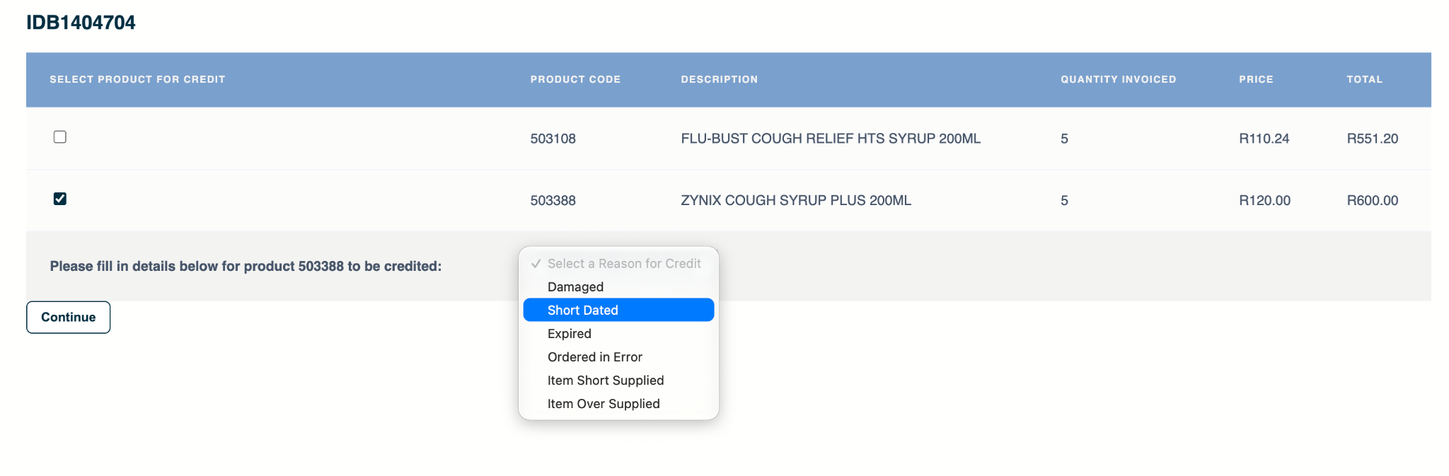 Credit request product selection and reason list