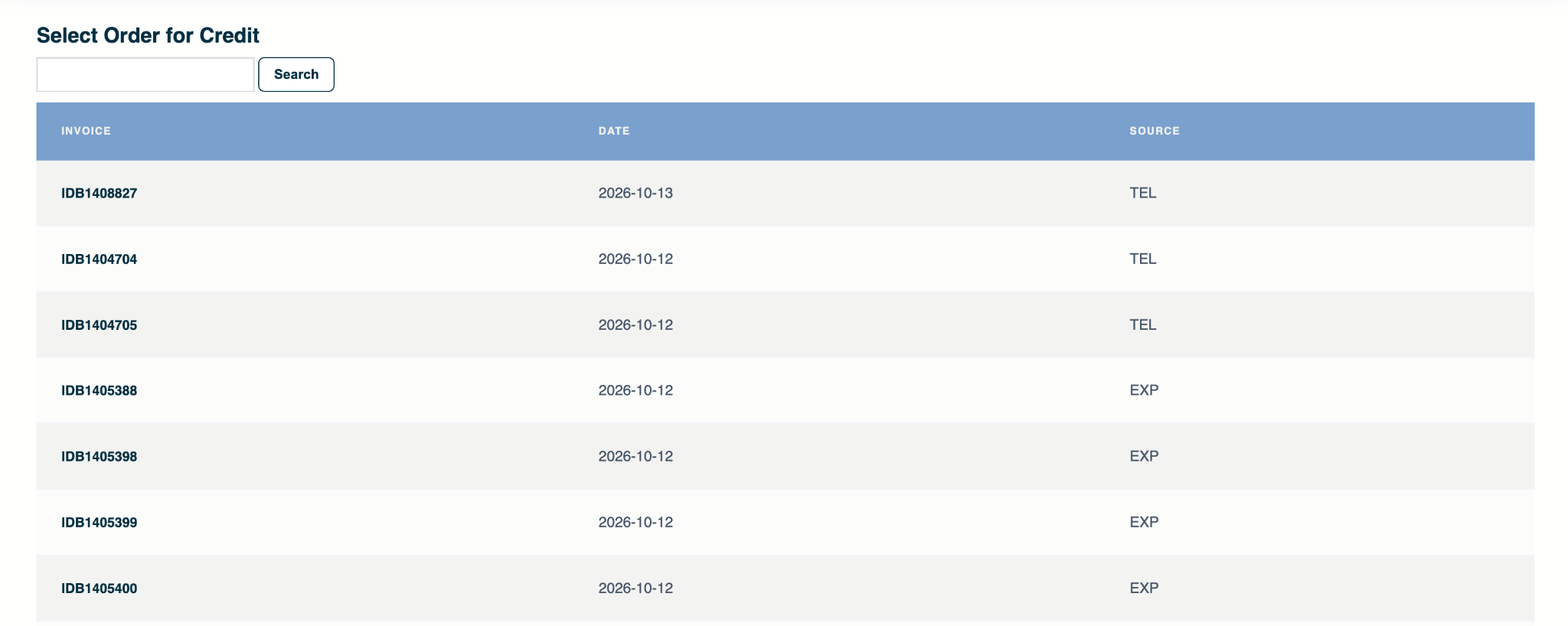 Select Order for Credit list