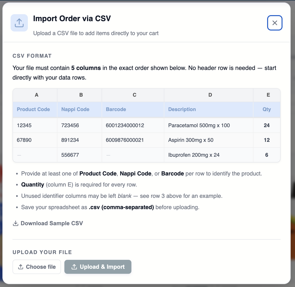 Import Order via CSV dialog showing the required five-column format