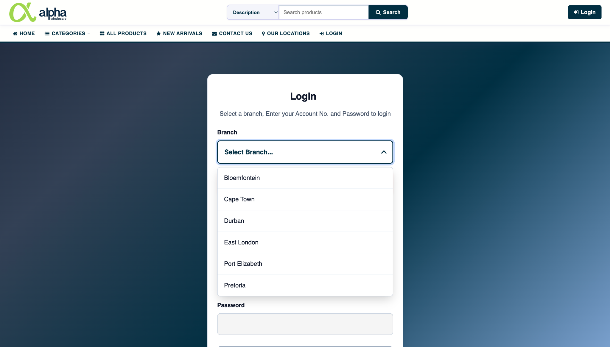 Alpha Pharm login page with the branch list open