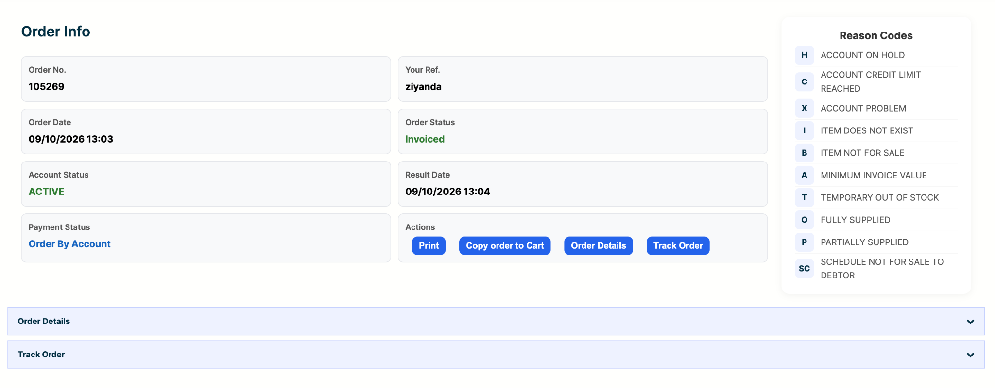 Order Info screen showing actions and reason codes